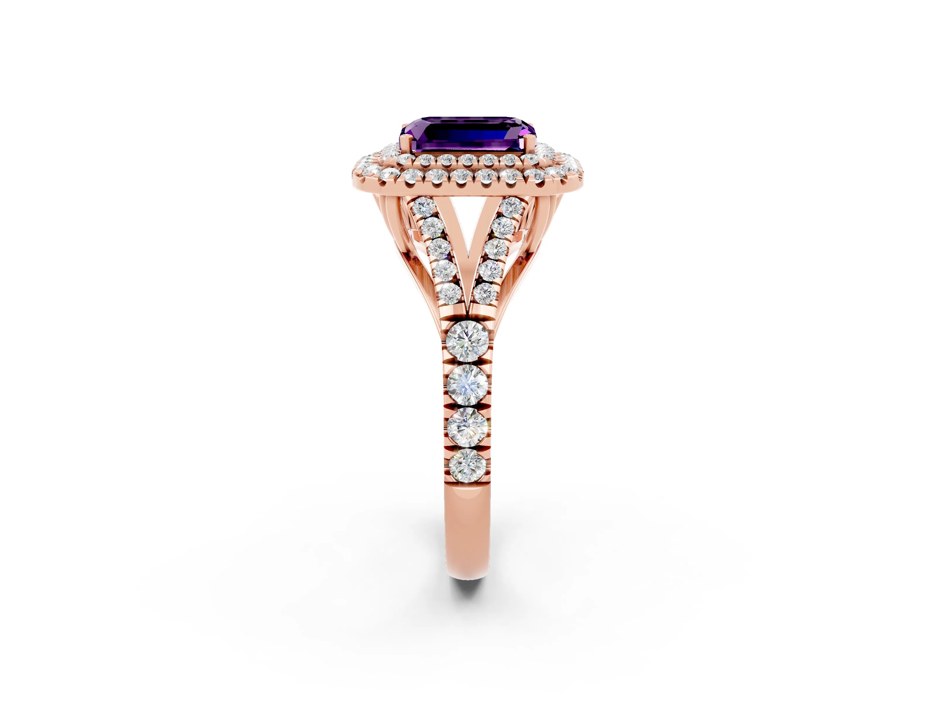 Rose gold Double Halo Emerald Cut Amethyst Split Shank Engagement Ring with Four-Prong Setting_2