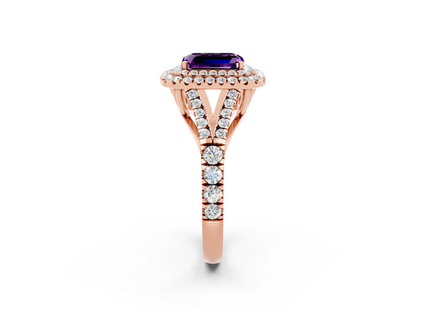 Rose gold Double Halo Emerald Cut Amethyst Split Shank Engagement Ring with Four-Prong Setting