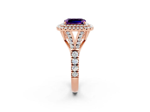 Rose gold Double Halo Emerald Cut Amethyst Split Shank Engagement Ring with Four-Prong Setting_2