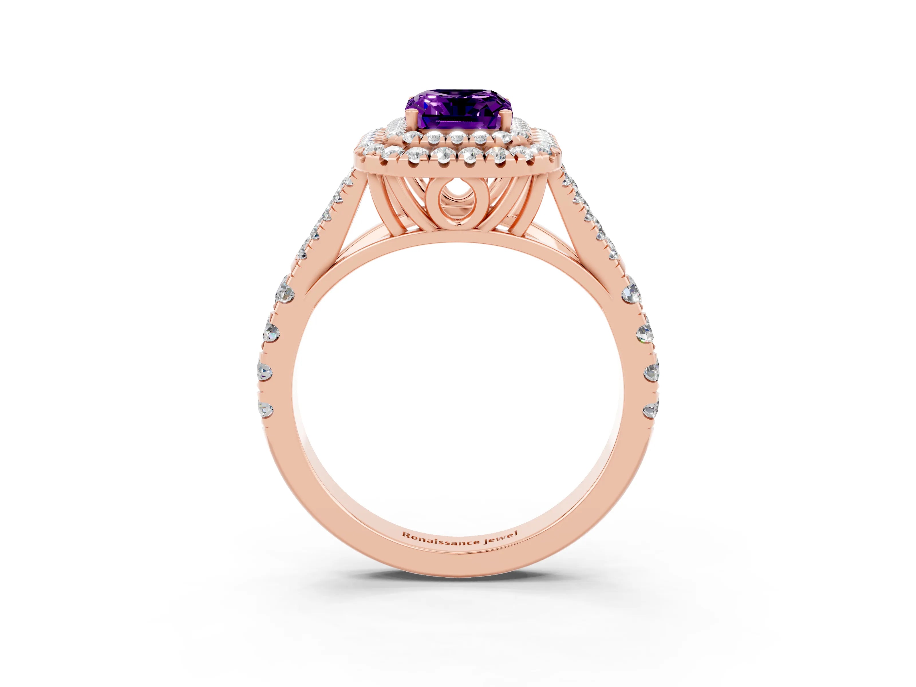 Rose gold Double Halo Emerald Cut Amethyst Split Shank Engagement Ring with Four-Prong Setting_3