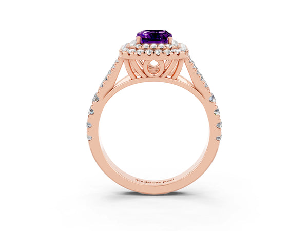 Rose gold Double Halo Emerald Cut Amethyst Split Shank Engagement Ring with Four-Prong Setting