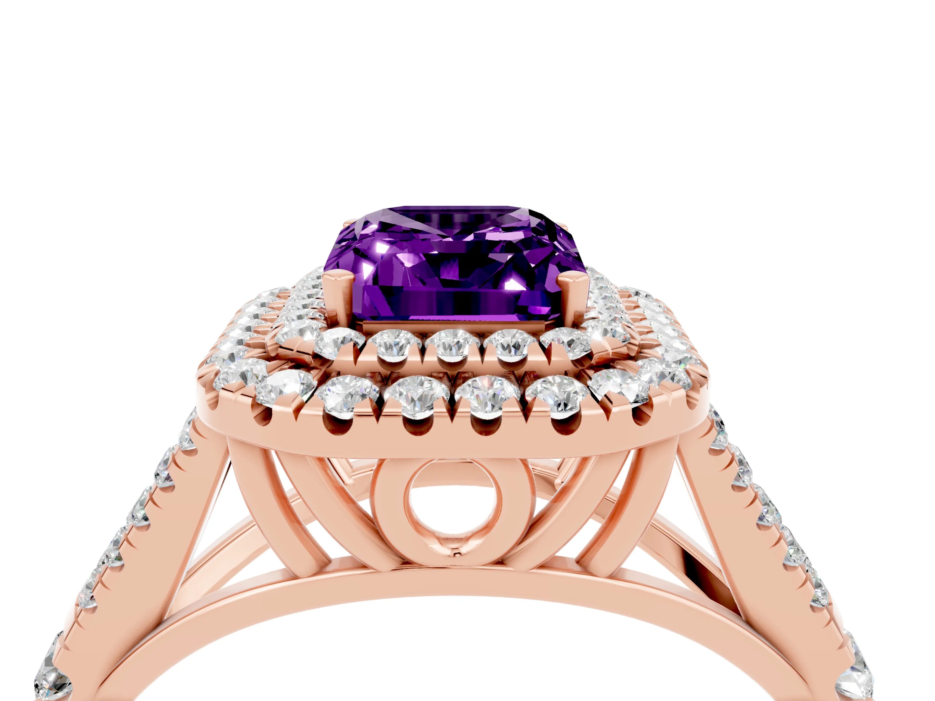 Rose gold Double Halo Emerald Cut Amethyst Split Shank Engagement Ring with Four-Prong Setting_4