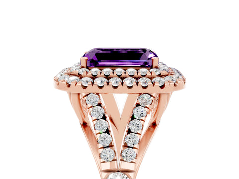 Rose gold Double Halo Emerald Cut Amethyst Split Shank Engagement Ring with Four-Prong Setting_5