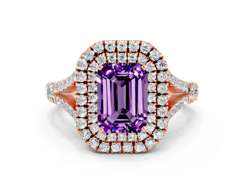 Rose gold Double Halo Emerald Cut Amethyst Split Shank Engagement Ring with Four-Prong Setting