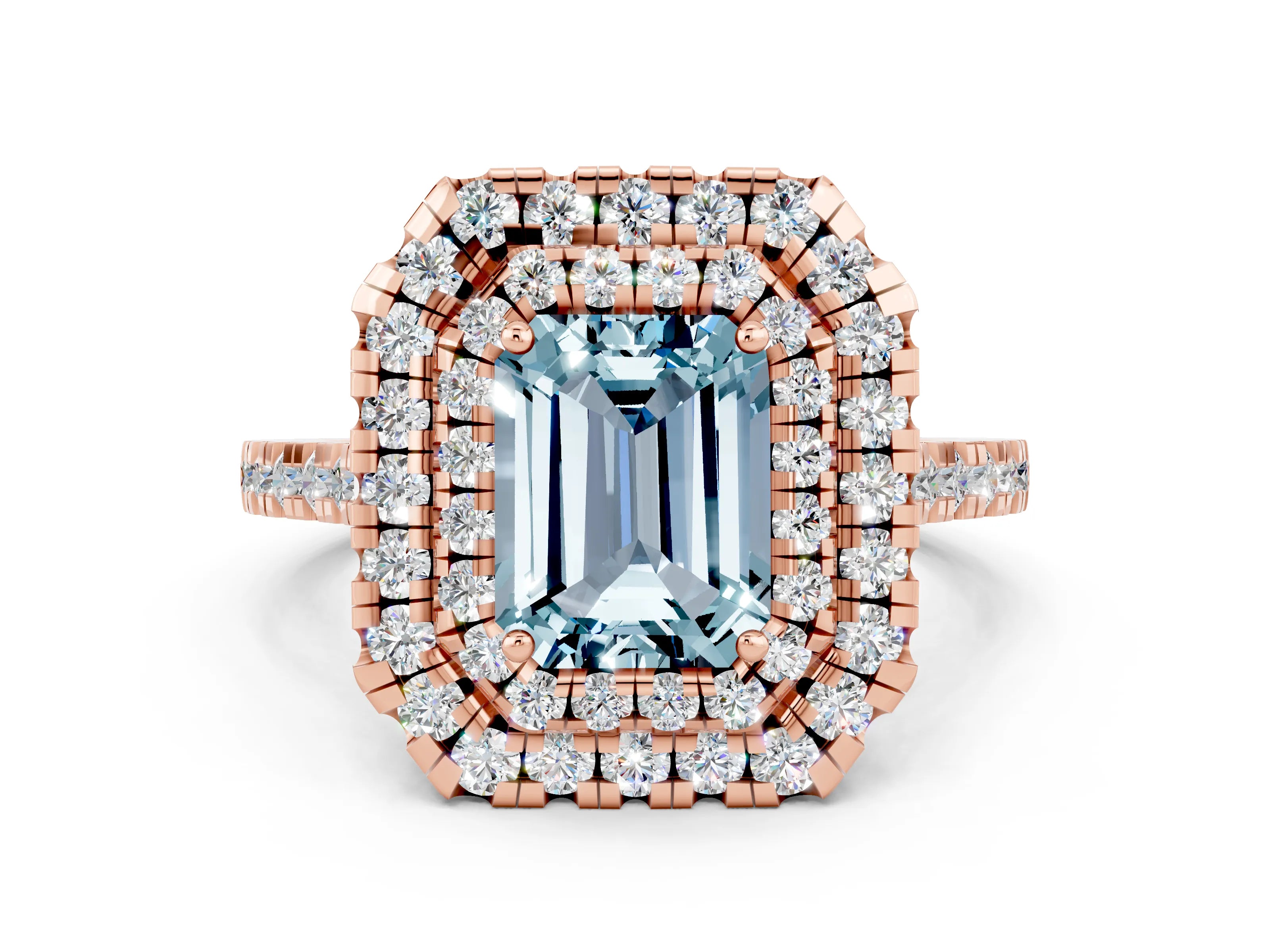 Rose gold Double Halo Emerald Cut Aquamarine Pavé Band with Four-Prong Setting
