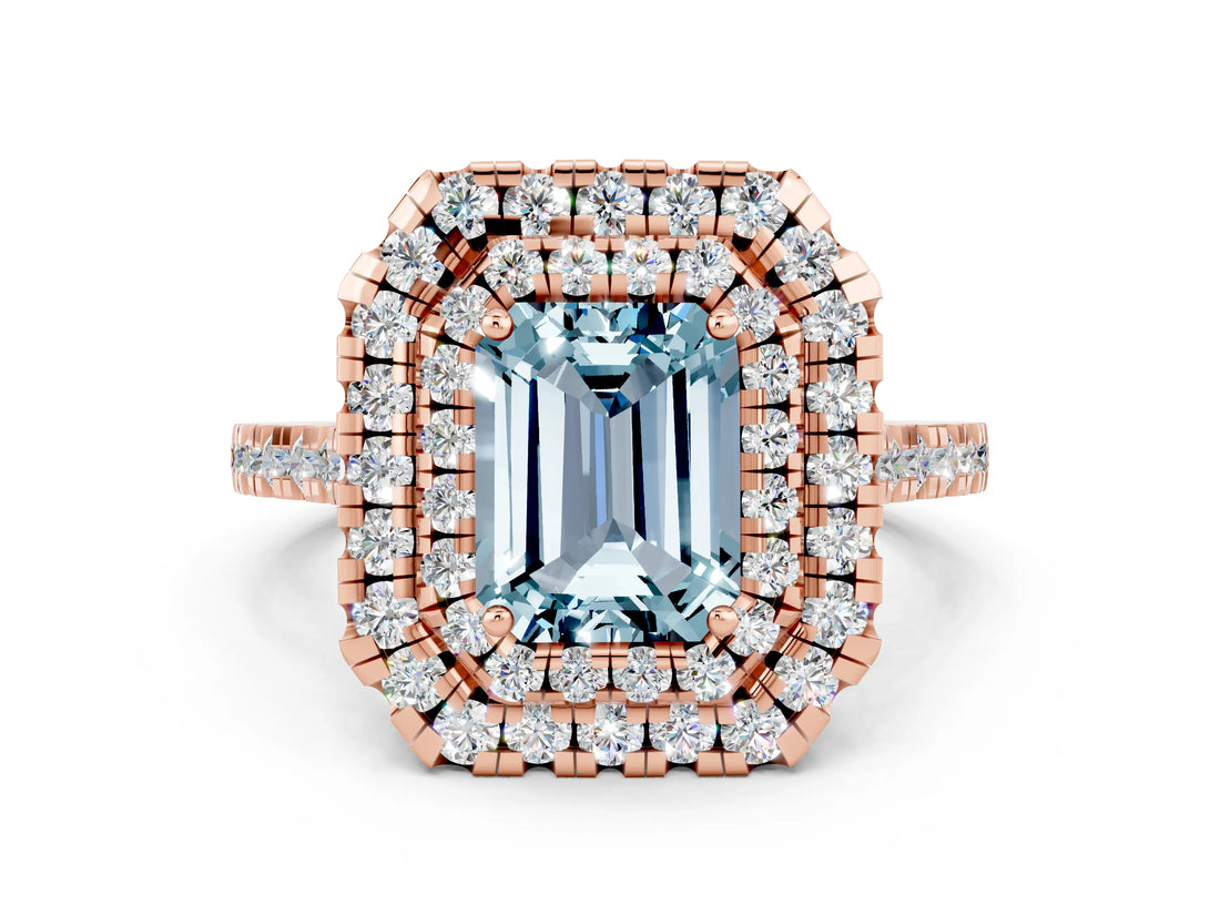Rose gold Double Halo Emerald Cut Aquamarine Pavé Band with Four-Prong Setting