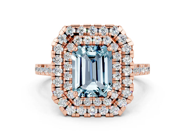 Rose gold Double Halo Emerald Cut Aquamarine Pavé Band with Four-Prong Setting