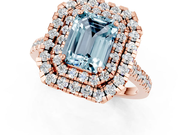 Rose gold Double Halo Emerald Cut Aquamarine Pavé Band with Four-Prong Setting