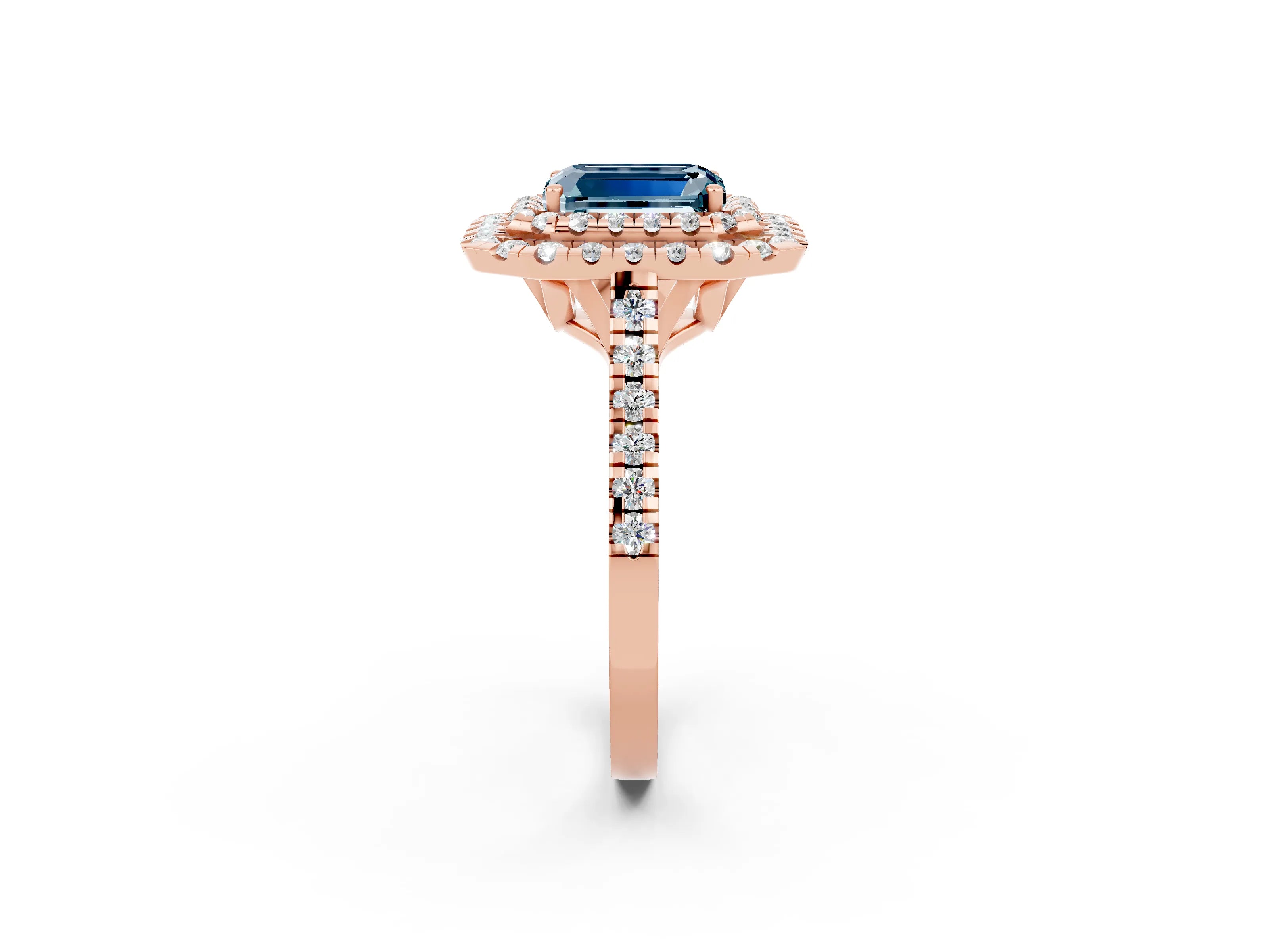 Rose gold Double Halo Emerald Cut Aquamarine Pavé Band with Four-Prong Setting_2