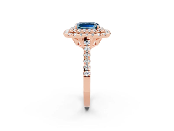 Rose gold Double Halo Emerald Cut Aquamarine Pavé Band with Four-Prong Setting