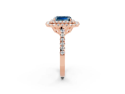 Rose gold Double Halo Emerald Cut Aquamarine Pavé Band with Four-Prong Setting_2