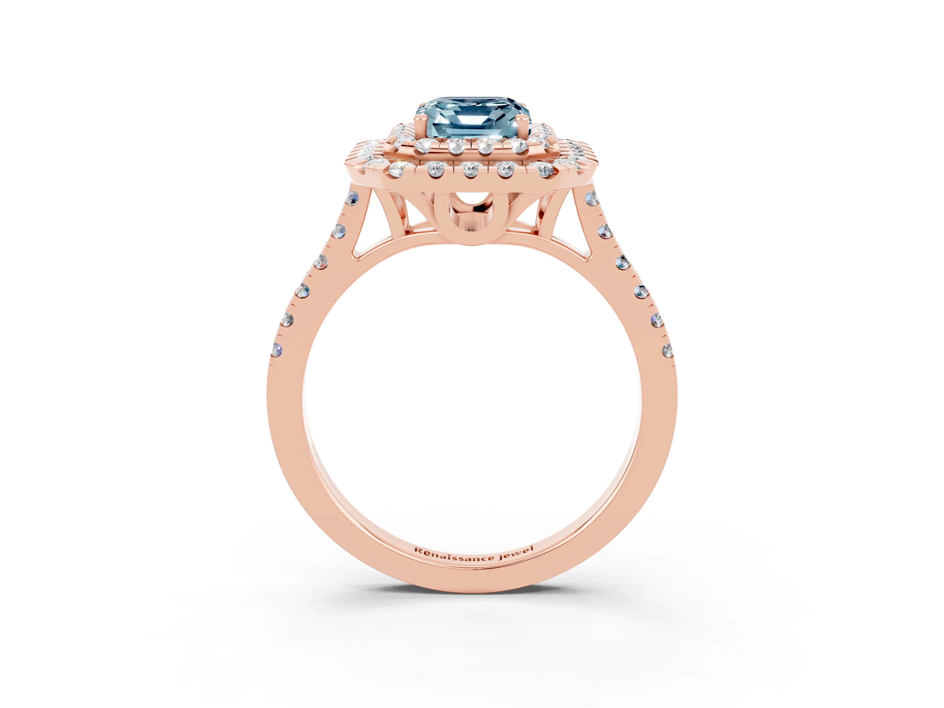 Rose gold Double Halo Emerald Cut Aquamarine Pavé Band with Four-Prong Setting_3