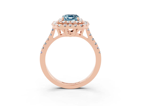 Rose gold Double Halo Emerald Cut Aquamarine Pavé Band with Four-Prong Setting