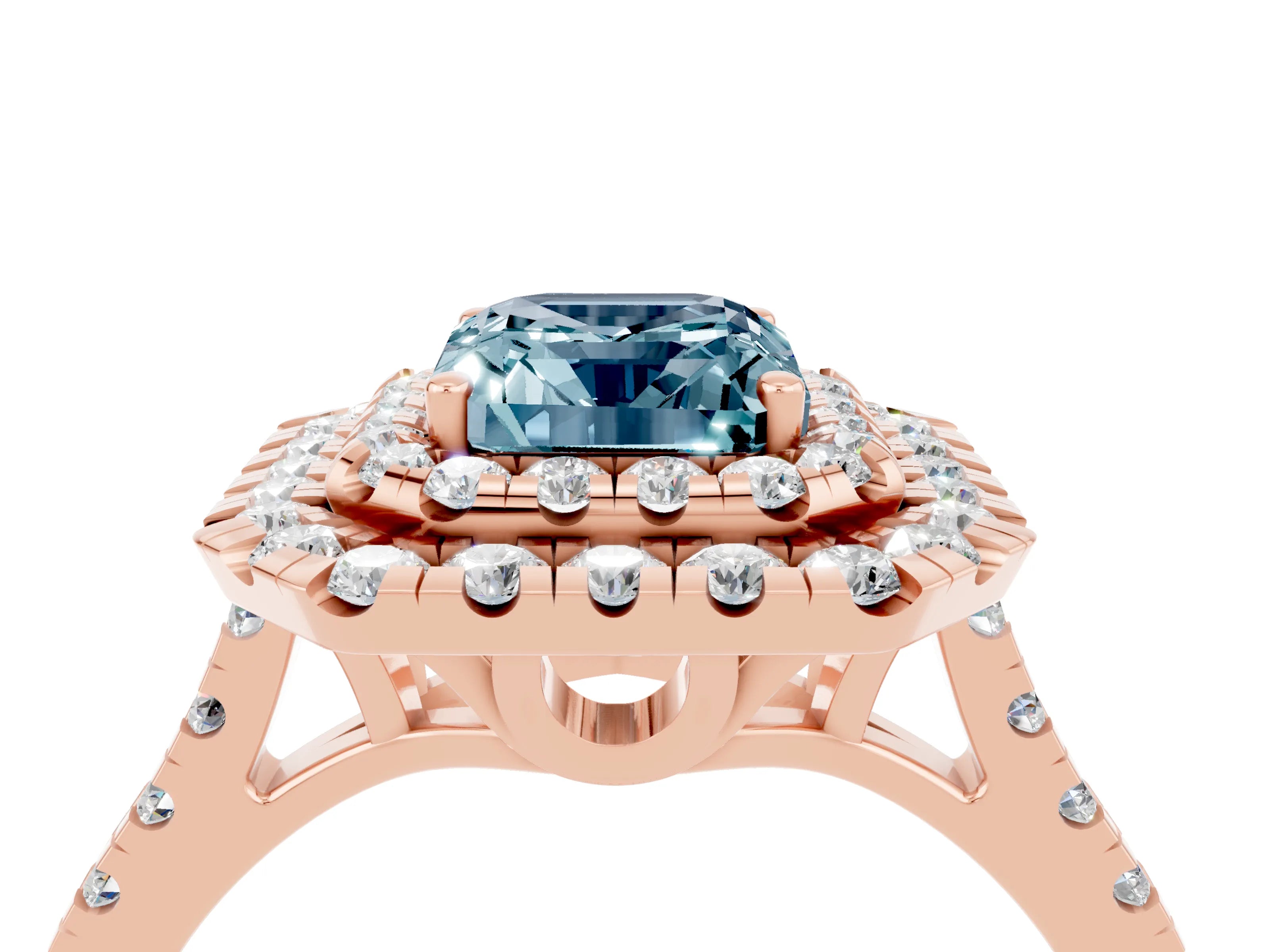 Rose gold Double Halo Emerald Cut Aquamarine Pavé Band with Four-Prong Setting_4