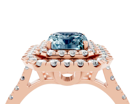 Rose gold Double Halo Emerald Cut Aquamarine Pavé Band with Four-Prong Setting_4