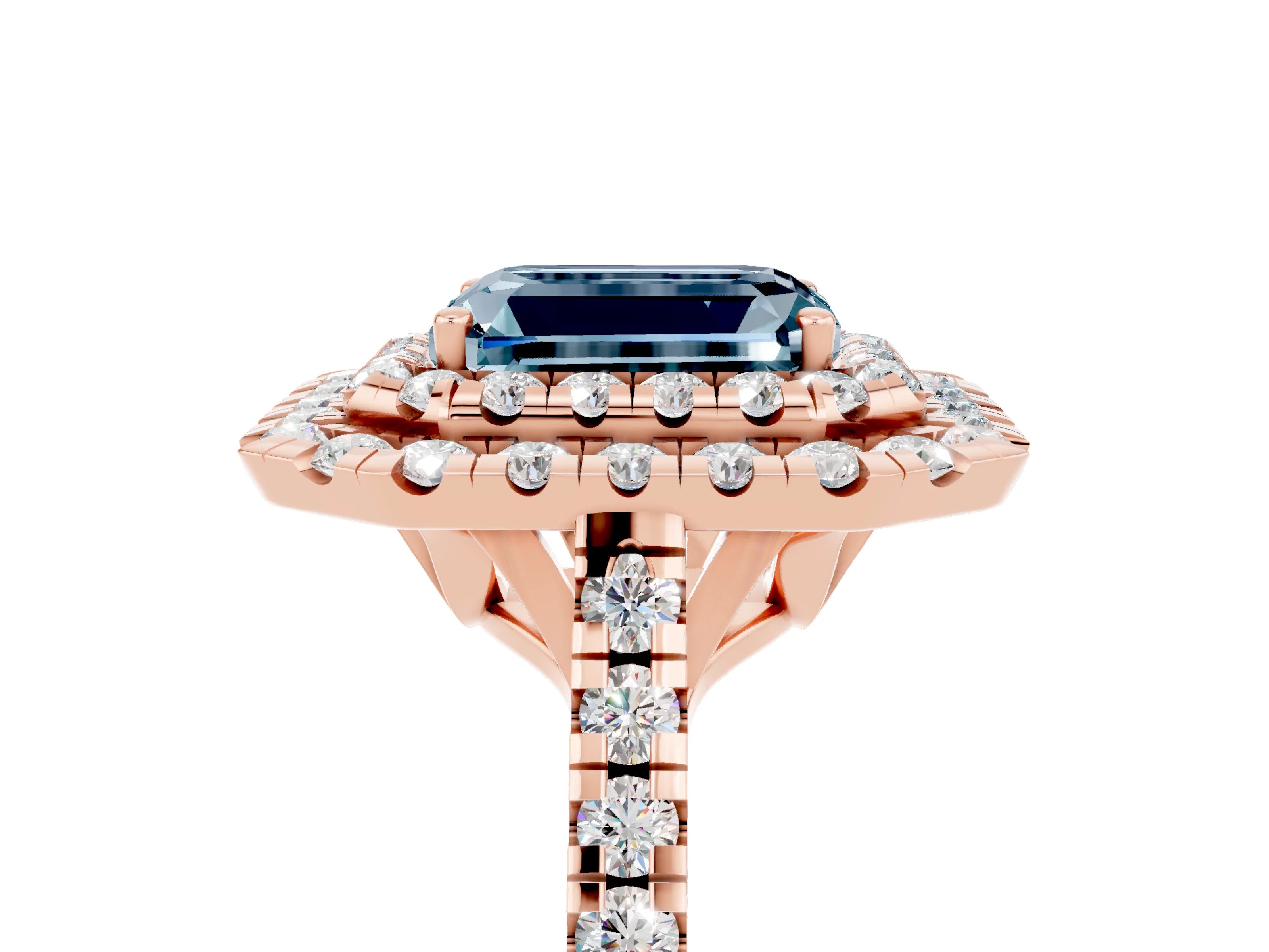 Rose gold Double Halo Emerald Cut Aquamarine Pavé Band with Four-Prong Setting_5