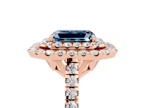 Rose gold Double Halo Emerald Cut Aquamarine Pavé Band with Four-Prong Setting_5
