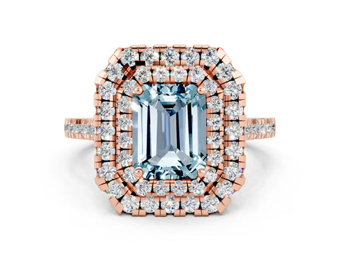 Rose gold Double Halo Emerald Cut Aquamarine Pavé Band with Four-Prong Setting