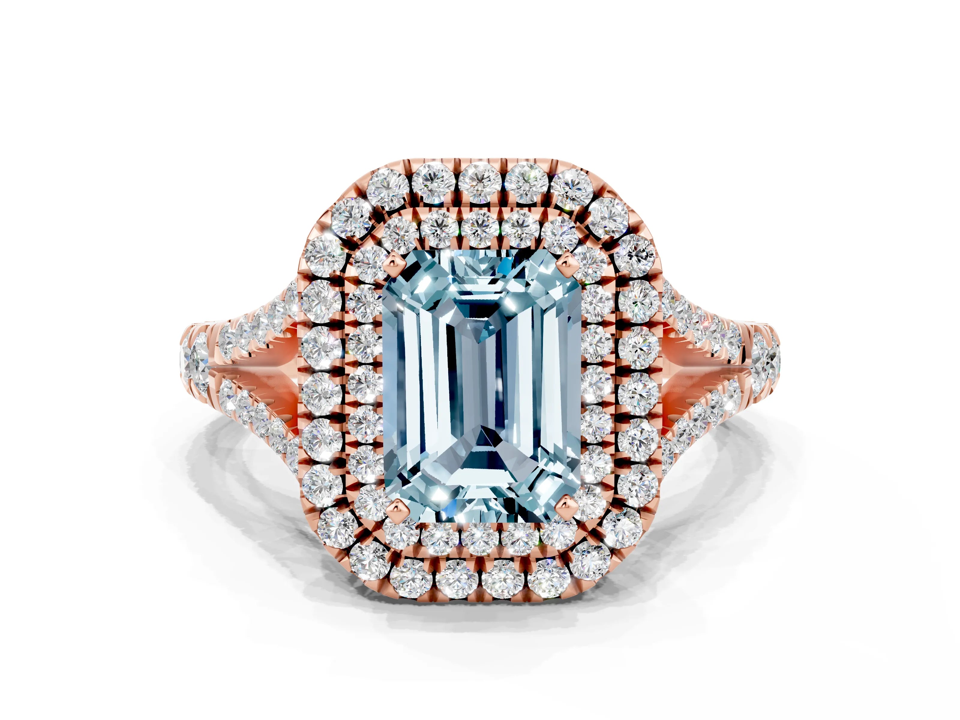 Rose gold Double Halo Emerald Cut Aquamarine Pavé Split Shank Ring with Prong Setting