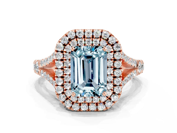 Rose gold Double Halo Emerald Cut Aquamarine Pavé Split Shank Ring with Prong Setting