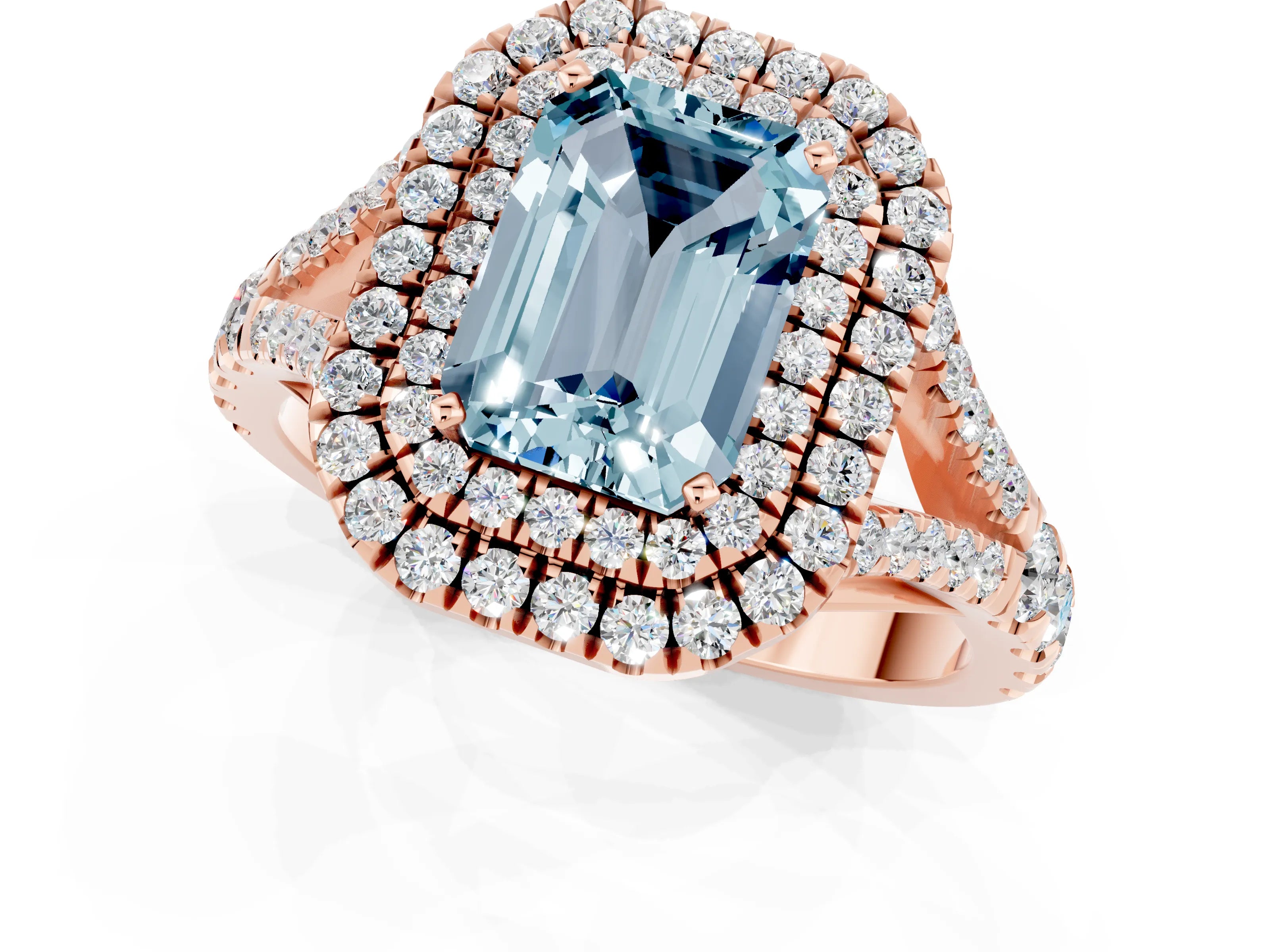 Rose gold Double Halo Emerald Cut Aquamarine Pavé Split Shank Ring with Prong Setting_1
