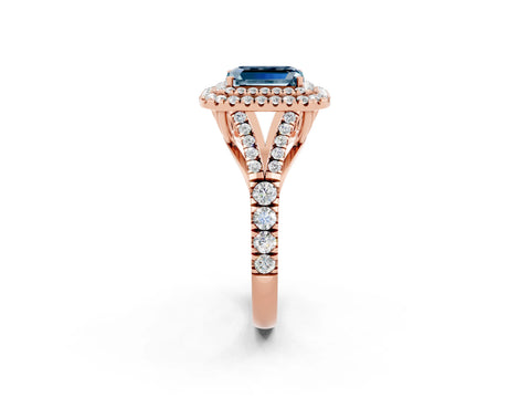 Rose gold Double Halo Emerald Cut Aquamarine Pavé Split Shank Ring with Prong Setting_2