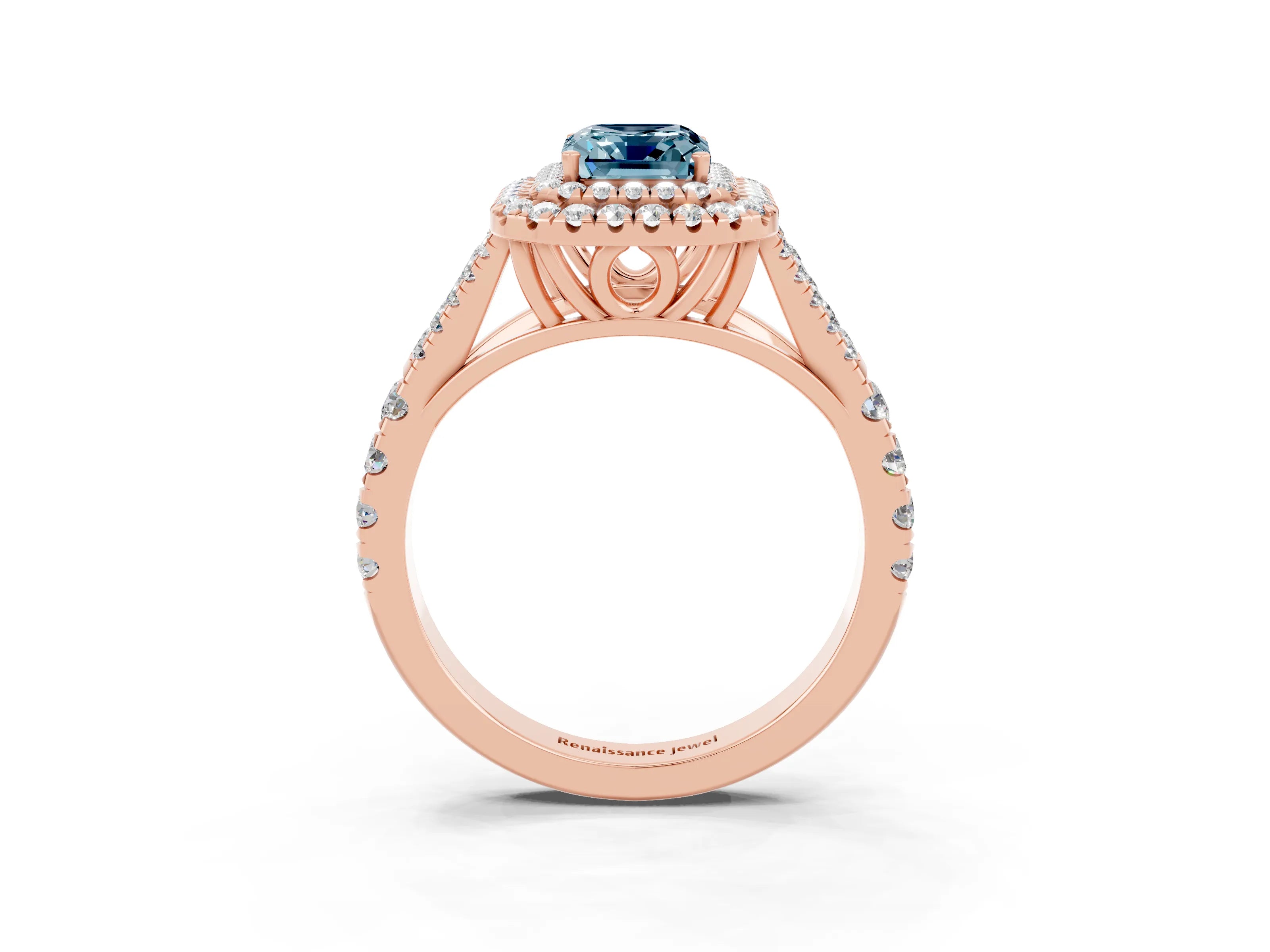 Rose gold Double Halo Emerald Cut Aquamarine Pavé Split Shank Ring with Prong Setting_3