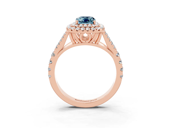 Rose gold Double Halo Emerald Cut Aquamarine Pavé Split Shank Ring with Prong Setting