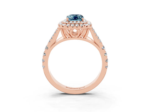 Rose gold Double Halo Emerald Cut Aquamarine Pavé Split Shank Ring with Prong Setting_3