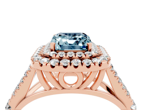 Rose gold Double Halo Emerald Cut Aquamarine Pavé Split Shank Ring with Prong Setting_4