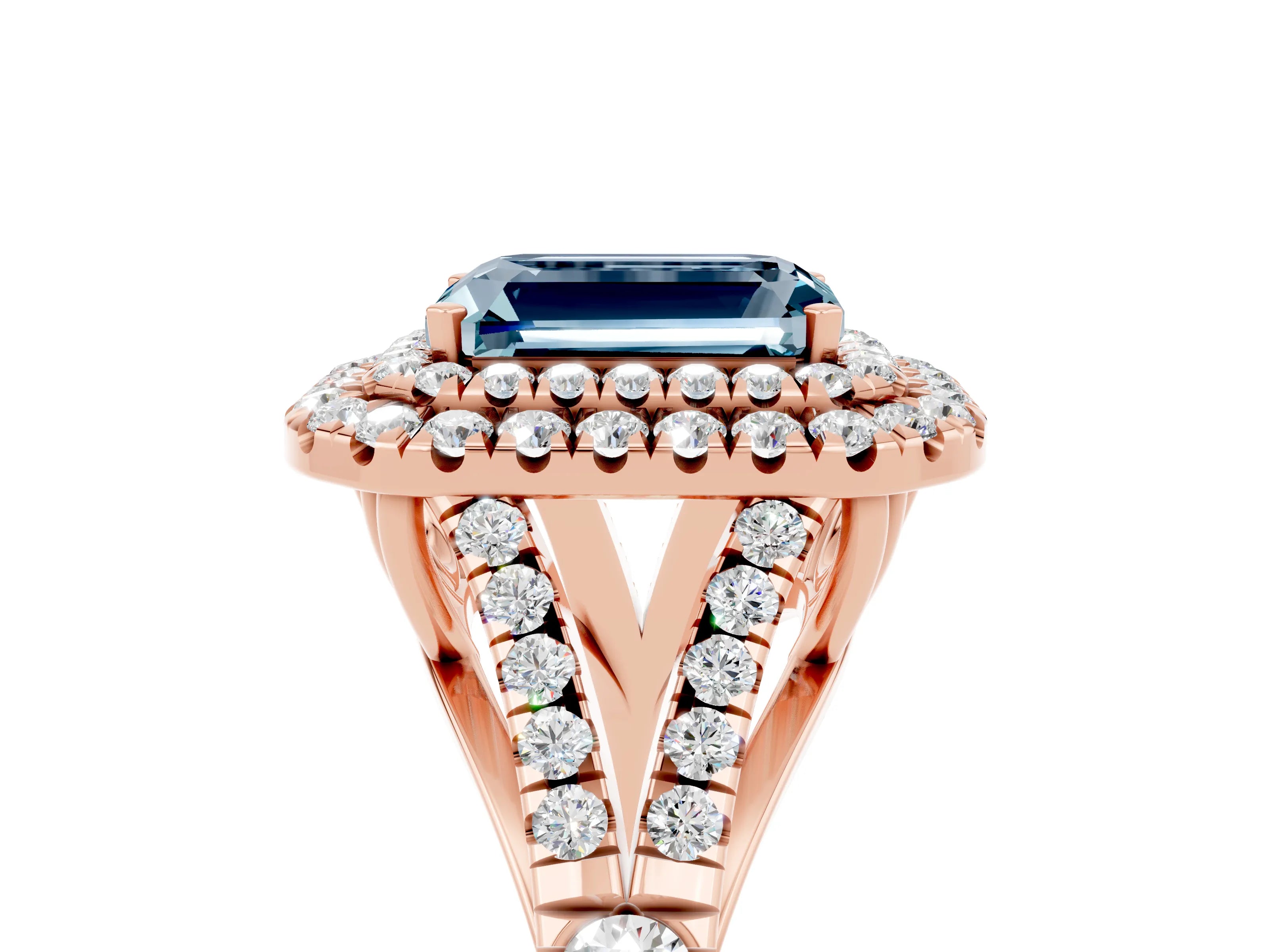 Rose gold Double Halo Emerald Cut Aquamarine Pavé Split Shank Ring with Prong Setting_5