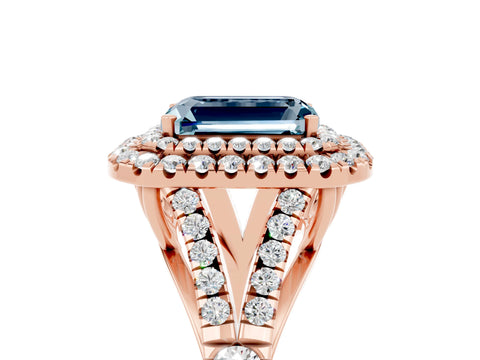 Rose gold Double Halo Emerald Cut Aquamarine Pavé Split Shank Ring with Prong Setting_5