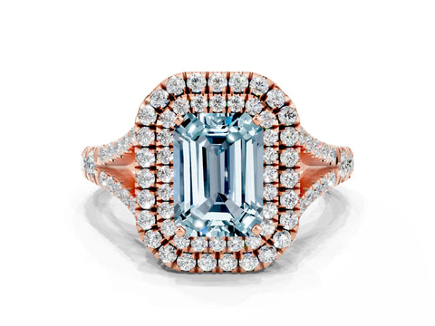 Rose gold Double Halo Emerald Cut Aquamarine Pavé Split Shank Ring with Prong Setting