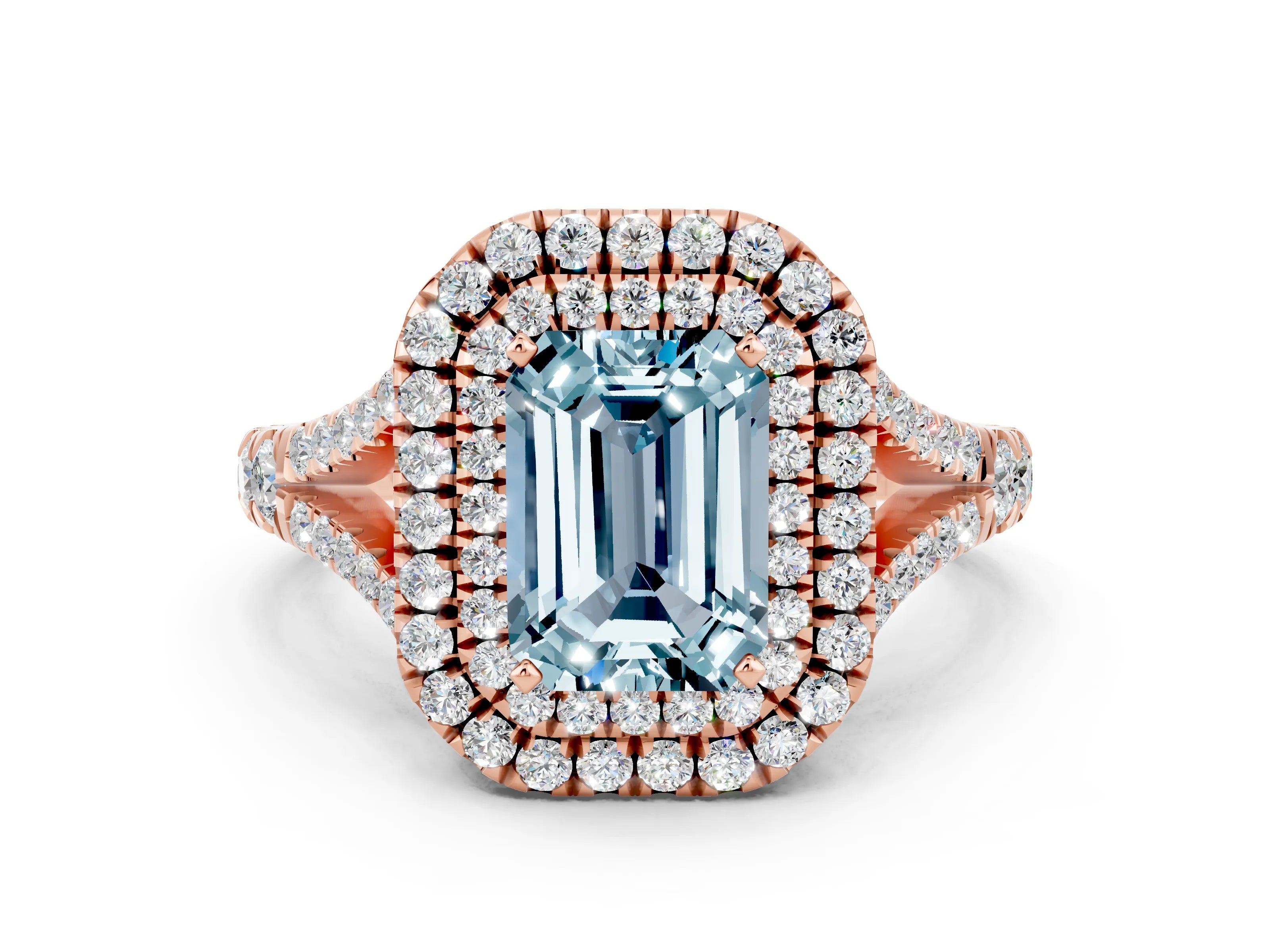 Rose gold Double Halo Emerald Cut Aquamarine Split Shank Engagement Ring with Four-Prong Setting