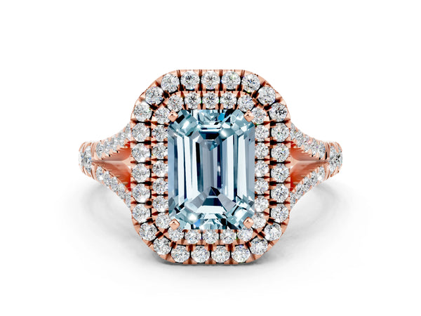 Rose gold Double Halo Emerald Cut Aquamarine Split Shank Engagement Ring with Four-Prong Setting