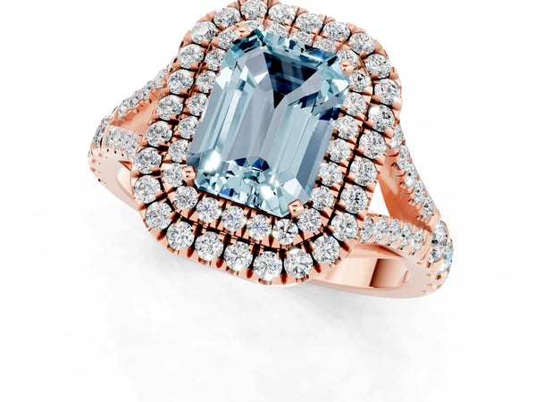 Rose gold Double Halo Emerald Cut Aquamarine Split Shank Engagement Ring with Four-Prong Setting