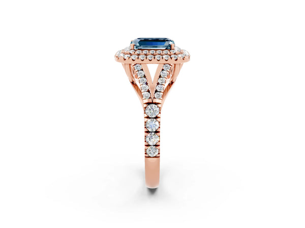 Rose gold Double Halo Emerald Cut Aquamarine Split Shank Engagement Ring with Four-Prong Setting