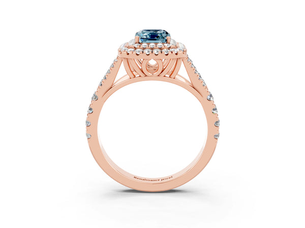Rose gold Double Halo Emerald Cut Aquamarine Split Shank Engagement Ring with Four-Prong Setting