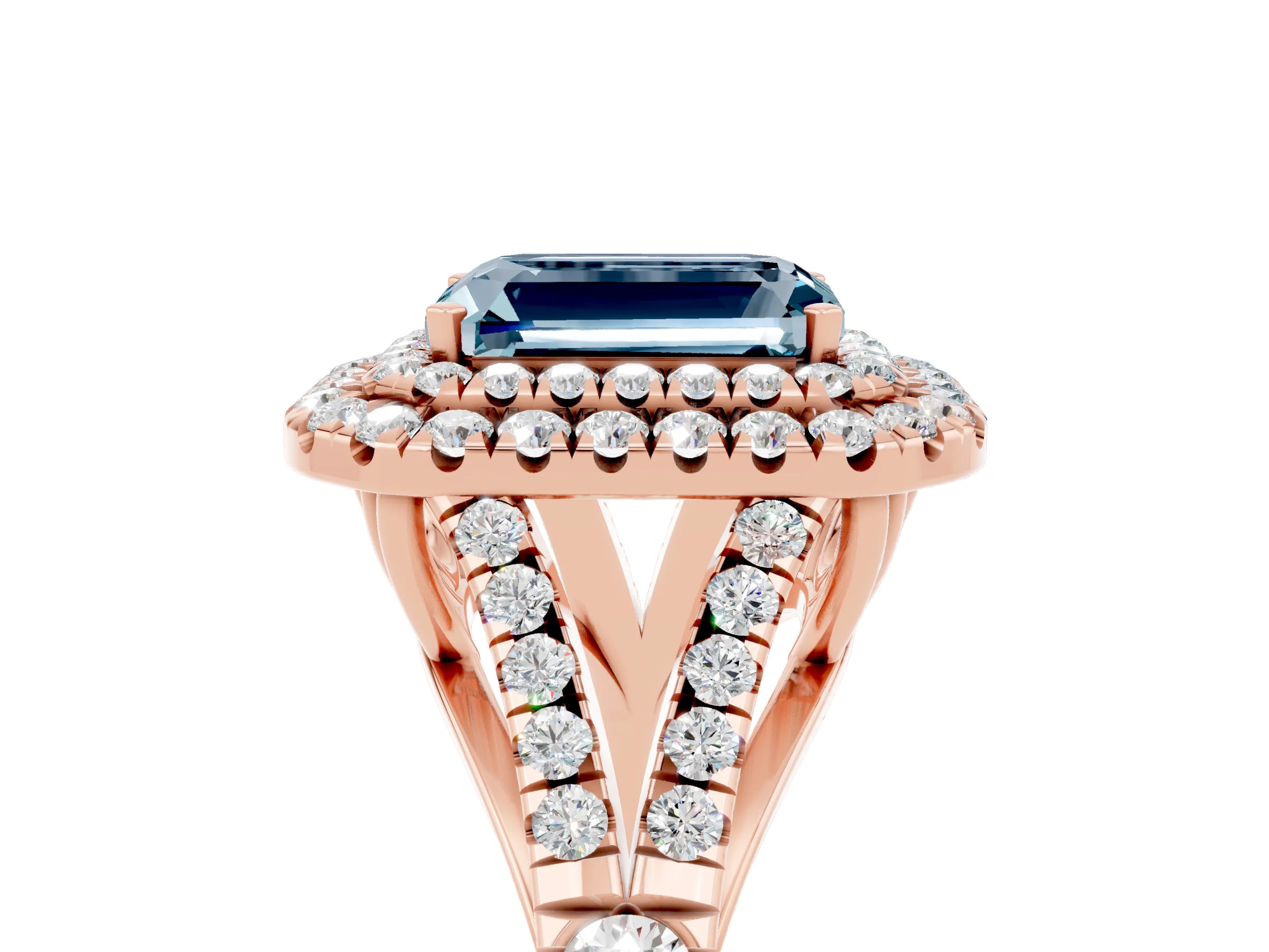 Rose gold Double Halo Emerald Cut Aquamarine Split Shank Engagement Ring with Four-Prong Setting_5