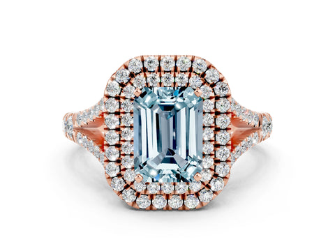 Rose gold Double Halo Emerald Cut Aquamarine Split Shank Engagement Ring with Four-Prong Setting