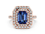 Rose gold Double Halo Emerald Cut Blue Sapphire Pavé Band with Four-Prong Setting