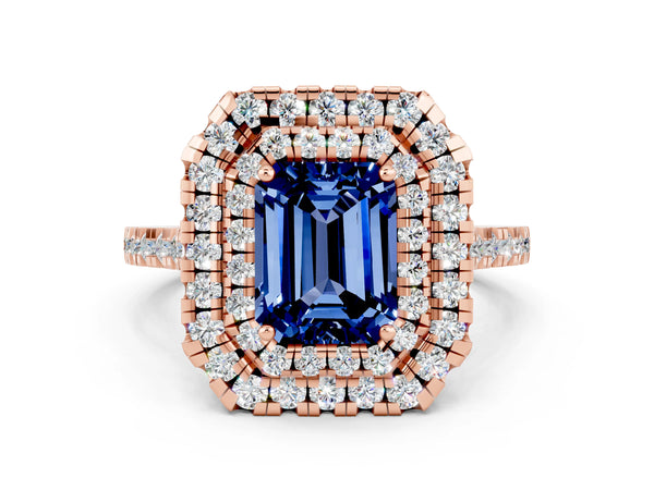 Rose gold Double Halo Emerald Cut Blue Sapphire Pavé Band with Four-Prong Setting