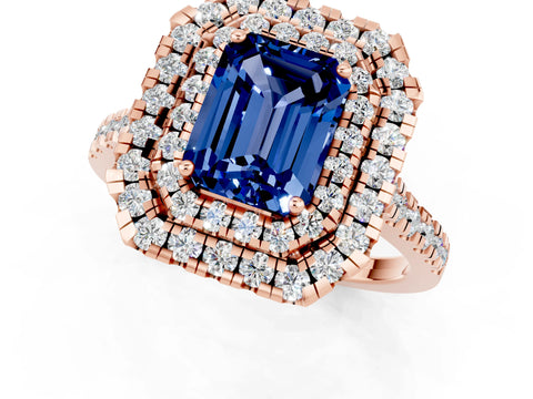 Rose gold Double Halo Emerald Cut Blue Sapphire Pavé Band with Four-Prong Setting_1