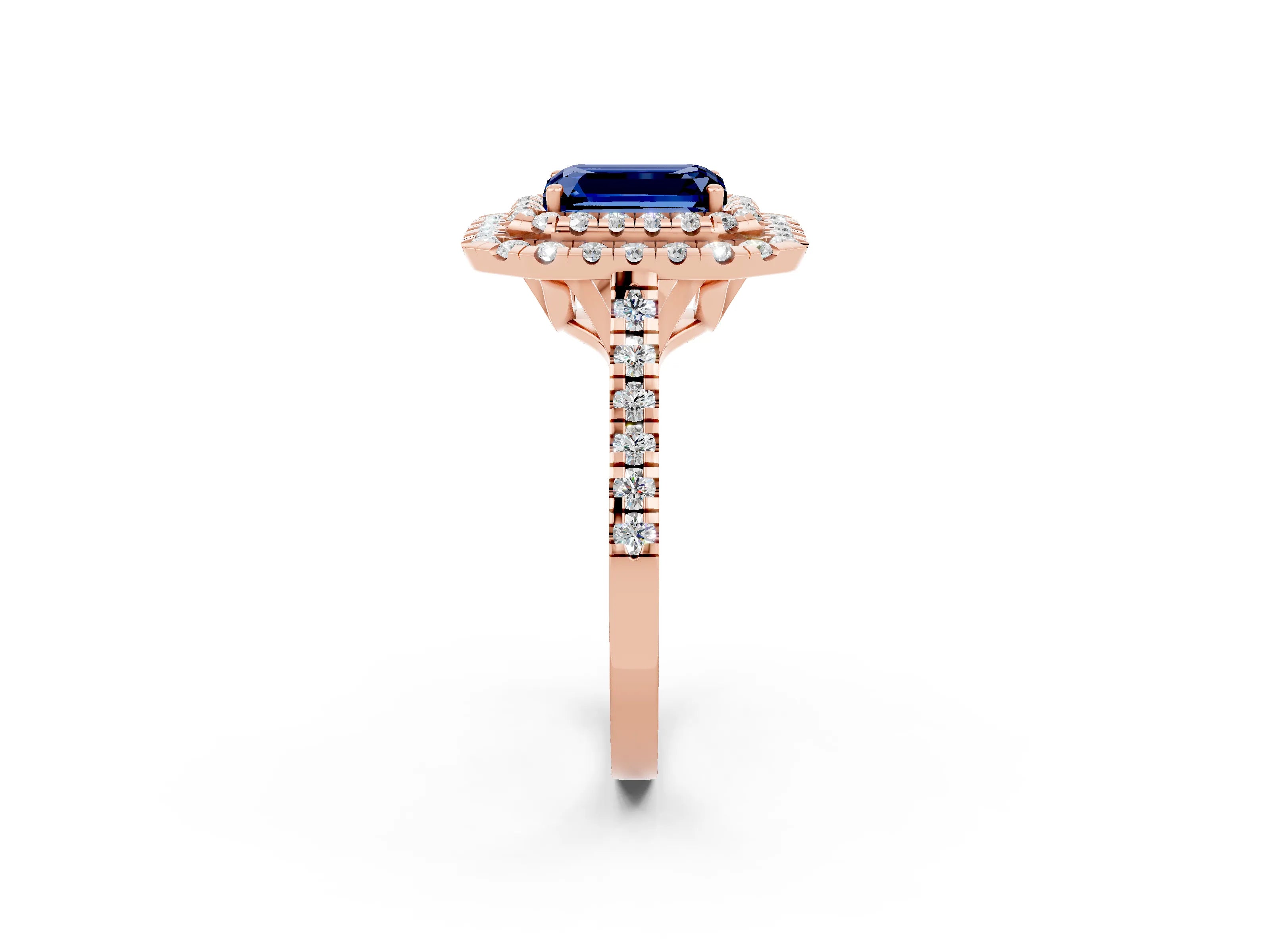 Rose gold Double Halo Emerald Cut Blue Sapphire Pavé Band with Four-Prong Setting_2