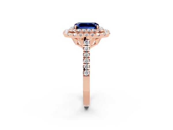 Rose gold Double Halo Emerald Cut Blue Sapphire Pavé Band with Four-Prong Setting