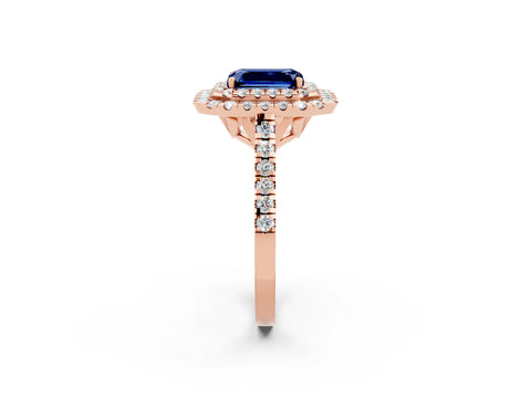 Rose gold Double Halo Emerald Cut Blue Sapphire Pavé Band with Four-Prong Setting_2