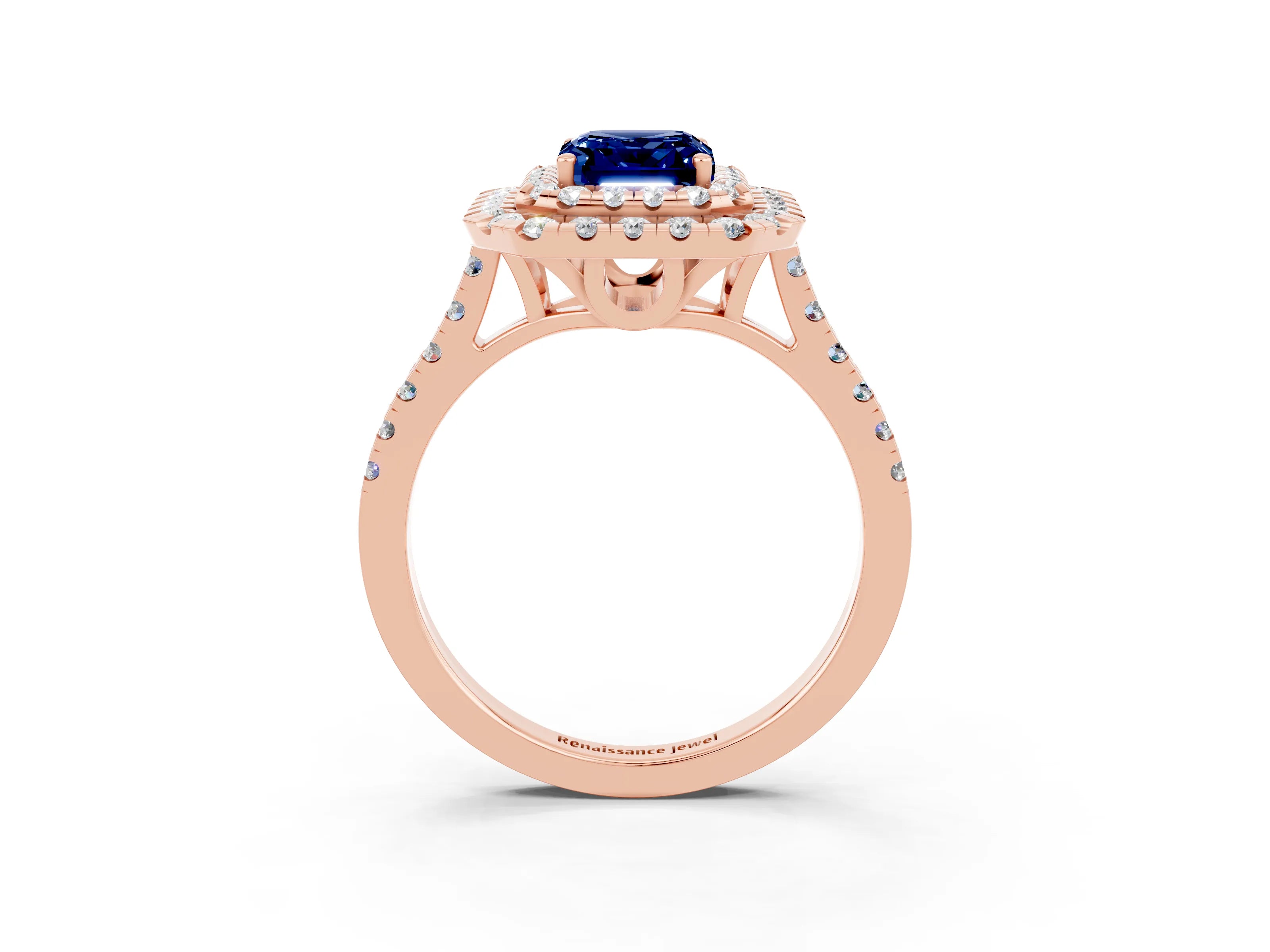 Rose gold Double Halo Emerald Cut Blue Sapphire Pavé Band with Four-Prong Setting_3