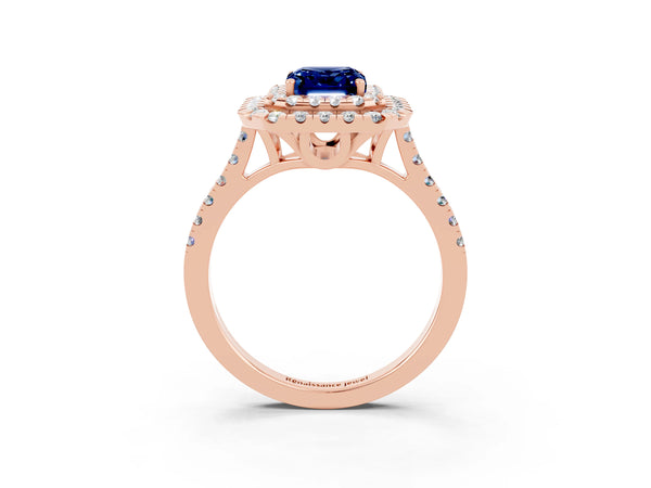 Rose gold Double Halo Emerald Cut Blue Sapphire Pavé Band with Four-Prong Setting