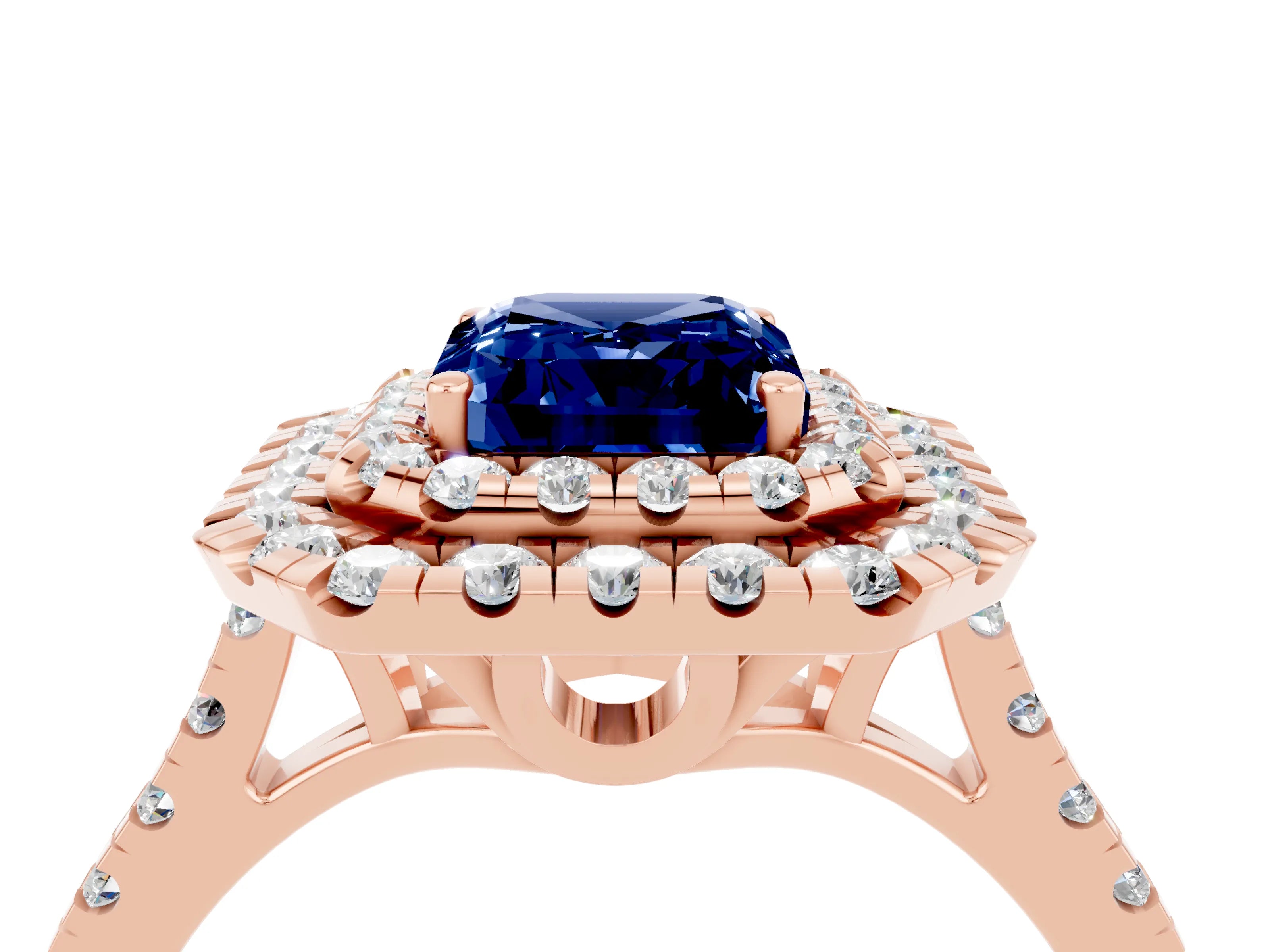 Rose gold Double Halo Emerald Cut Blue Sapphire Pavé Band with Four-Prong Setting_4