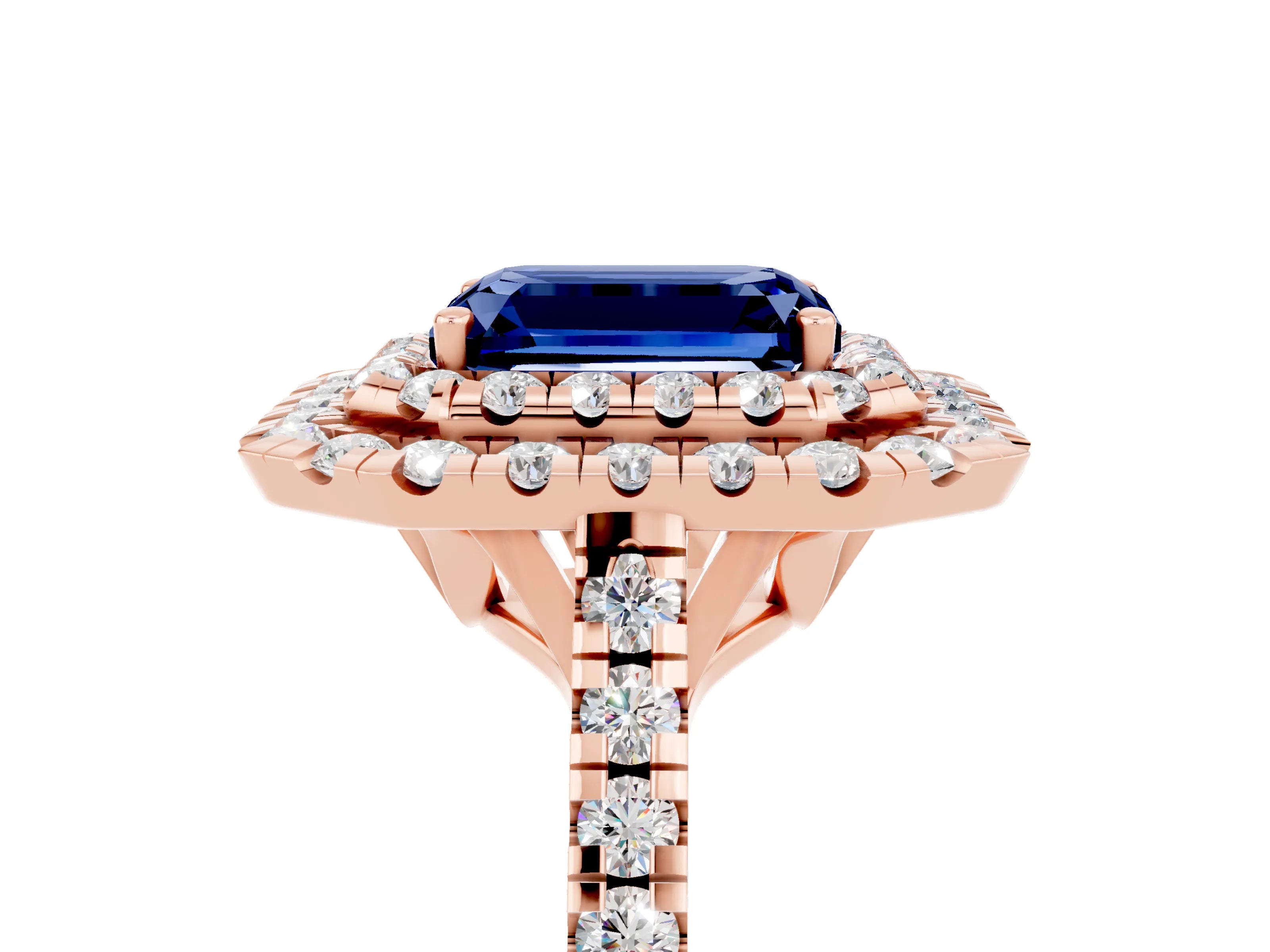 Rose gold Double Halo Emerald Cut Blue Sapphire Pavé Band with Four-Prong Setting_5